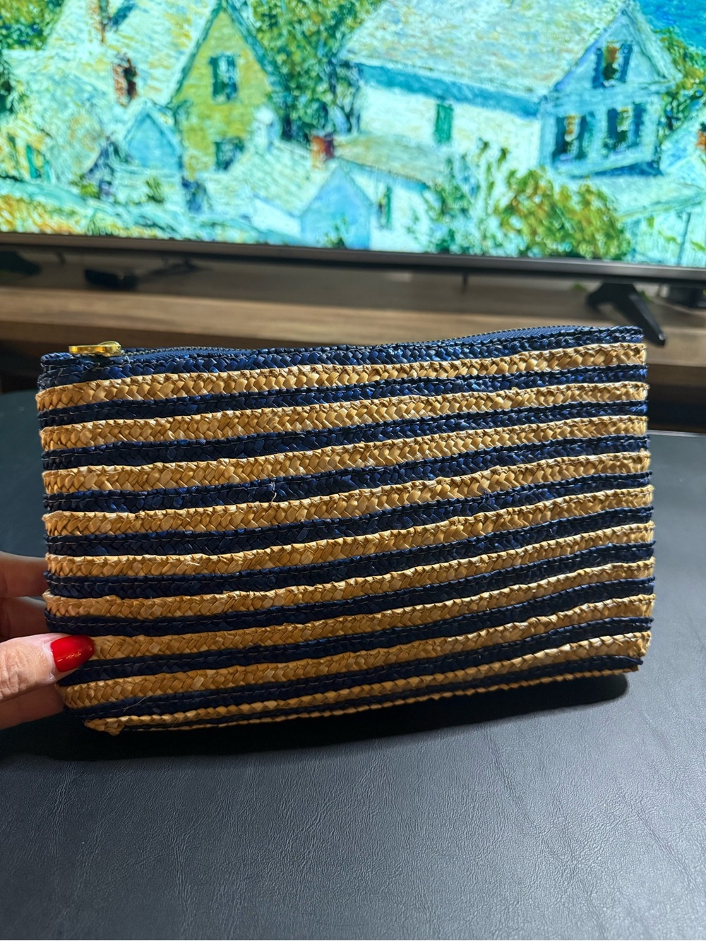 Mud Pie Navy Vertical Stripe Woven Straw Clutch